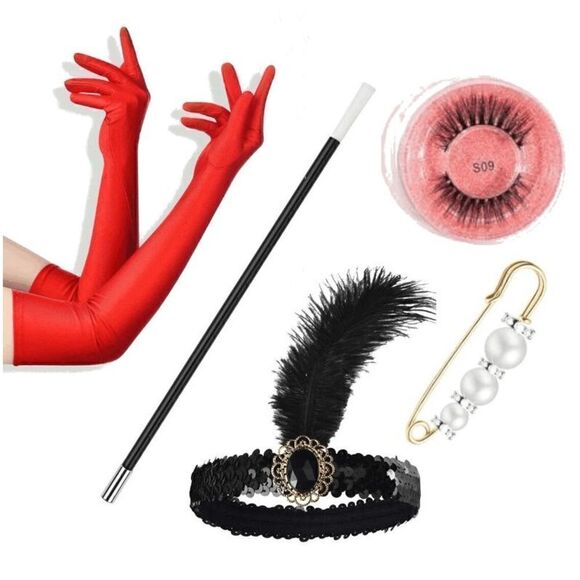 ❤️✨ 5PCS 1920s Red Accessories Flapper Great Gatsby Retro Costume Set NEW - Picture 1 of 16